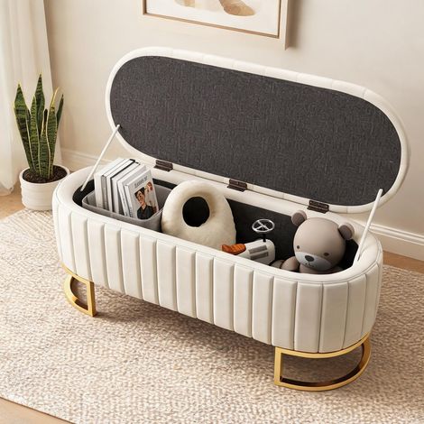 Banc de rangement en velours beige 120 cm avec assise rembourrée (1/5)