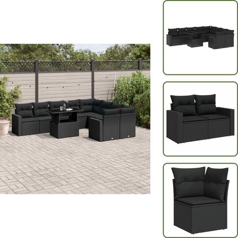 10-tlg. Garten-Sofagarnitur mit Kissen Schwarz Poly Rattan - Gartenmöbel Set - PE-Rattan Möbel - Outdoor Lounge - Gartenlounge - Balkonmöbel (1/5)