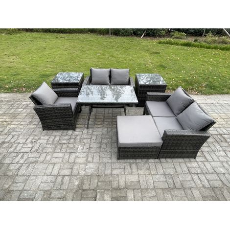 Fimous Wicker PE Rattan Garden Dining Set Outdoor Furniture Sofa with Rectangular Dining Table Love Seat Sofa 2 Side Tables Big Footstool Dark Grey Mixed (1/5)