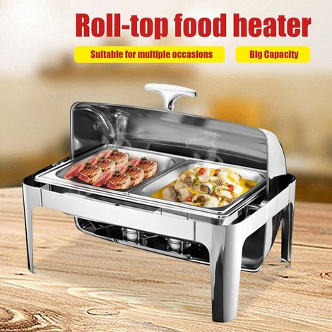 Chafing Dish - Récipient de maintien au chaud - 9 l - En argent - 2 chauffe-plats - Récipient thermique rectangulaire - En acier inoxydable - Pour buffet et fête