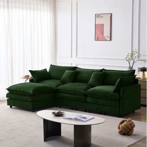 Canapé de esquina modular de chenilla verde, 3 plazas con chaiselongue y puff móvil (1/5)