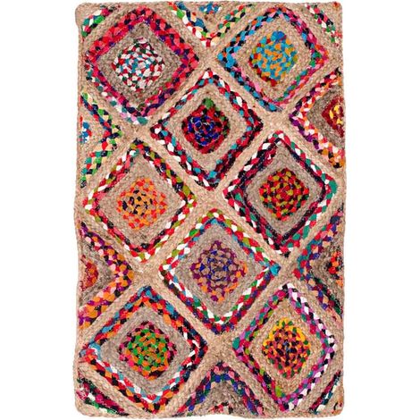 Tapis rectangulaire en jute et coton multicolore – Fait main – Dimensions 60 x 90 cm – Pour salon ou entrée – Signes Grimalt (1/3)