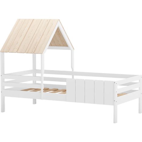 Lit à barrières 90x190 avec tête de lit cabane en MDF laqué blanc et pin naturel - NADIA