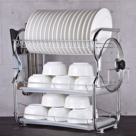 Porte-Vaisselle Étagère à Vaisselle 3 Étages en Acier Inoxydable Égouttoir Couverts Étagère de Rangement Cuisine Porte-ustensilles Option 1