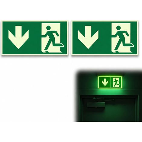 2 Pièces Panneaux de Sortie de Secours Phosphorescents, 30x15 cm Panneau Issue de Secours, Autocollante en PVC avec Flèche Directionnelle, Panneau Issue de Secours pour Bureau, Hôtel École et Commerce (1/5)