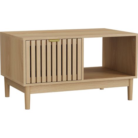 Mesa de centro 80 cm estilo mid-century moderno color roble con cajón y estantes (1/5)