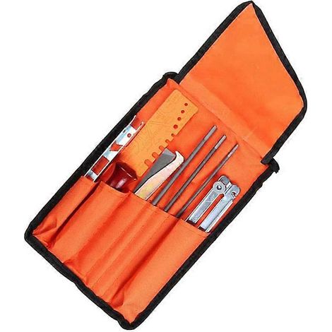 Kit d'affûtage universel pour tronçonneuse, comprenant : affûteur de chaîne, limes rondes, lime plate, manche et guide d'affûtage. (1/4)