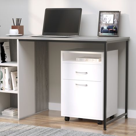 Caisson de bureau rangement bureau sur roulettes tiroir placard niche panneaux particules blanc - Modèle