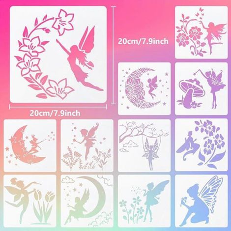 12 Pieces Fairy Stencils for Painting,Reusable Stencil Wall Painting Kit,Angel Moon Flowers Pstic Stencil for DIY POCHOIR CREATIF (1/5)