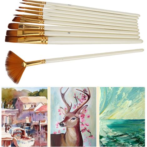 Lot de 10 pinceaux en nylon, en forme d'éventail, à manche en bois, pour la peinture à l'aquarelle (1/5)