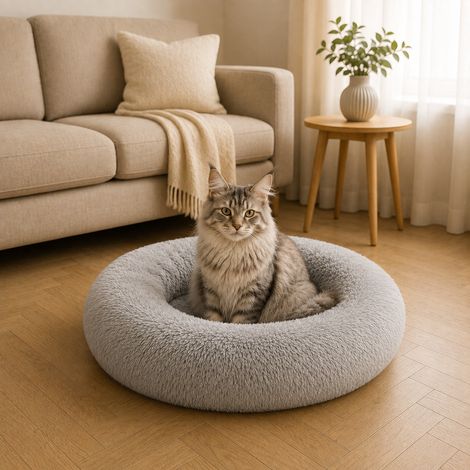 belviona Donut Katzenbett, weiches Katzenkörbchen mit flauschigem Plüsch, rutschfest & gemütlich, 70 cm Durchmesser, hellgrau (1/4)