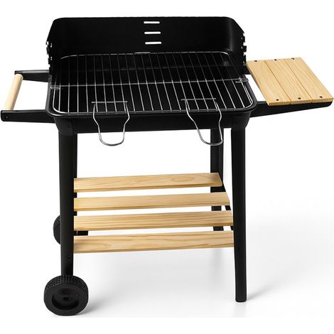 JARDIN202 - Barbacoa Rectangular de Carbón con Parrilla Cromada Arizona Ruedas para Transporte Bandeja de Madera Grill Exterior Negro