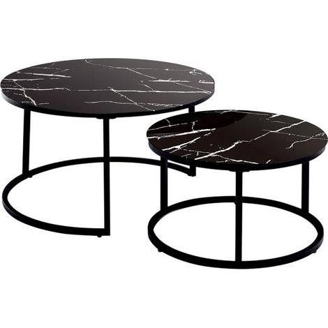 Round Coffee Table Set of 2 Nest of Tables Marble Glass Coffee Table Living Room (1/5)