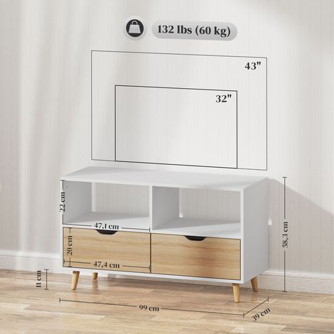 Meuble TV bas avec 2 étagères, tiroir, 99 cm, table pour téléviseur, support TV blanc pour salon (1/5)