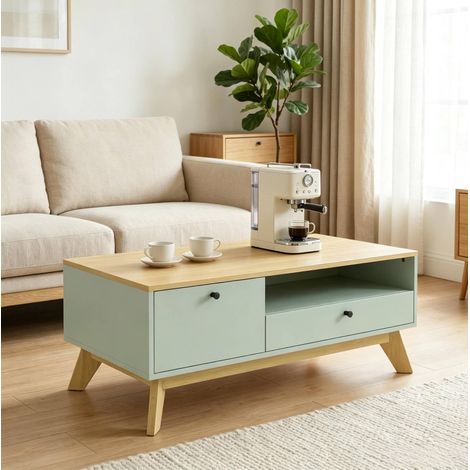 Mesa de centro 100/50/40 cm verde claro y roble con cajón, puerta y compartimento abierto (1/5)