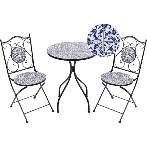 Beliani – Ensemble table et chaises de jardin vintage en métal – Motif mosaïque bleu noir – 2 places – Résistant aux intempéries – Facile à entretenir