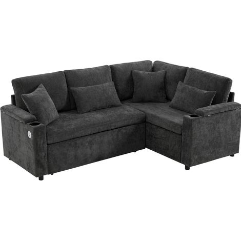 Canapé d'angle convertible en L avec rangement, porte-gobelet et port USB, tissu chenille gris, 206,5 x 141 x 86 cm (1/5)