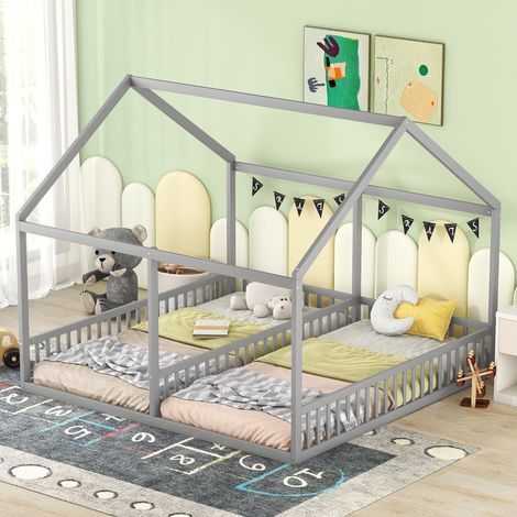 Bett Hausbett 90x200 cm aus Kiefer und MDF grau, 2 Liegeflächen nebeneinander, mit Sicherheitsgittern (1/5)