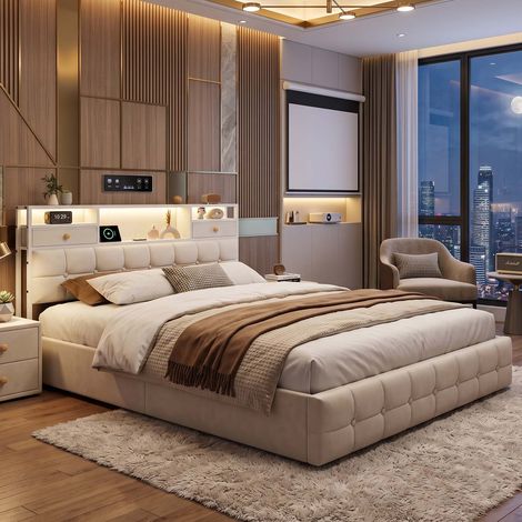 Creahappy Lit Coffre 140x200 cm avec LED et Prises USB - Gain de Place avec Tête de Lit Rangement - Tissu Velours Beige Capitonne (1/5)