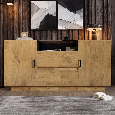 Buffet 140x70cm - 2 Portes Vitrées ESG et 2 Tiroirs - Étagères Réglables - Structure Bois - Capacité 45kg - Chêne