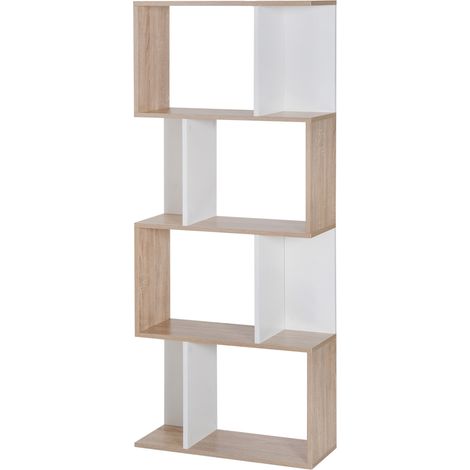 HOMCOM 4-stöckiges Bücherregal, S-förmiges Regal, Aufbewahrungsmöbel für Wohnzimmer, Schlafzimmer, Büro, 60 x 24 x 148 cm, Naturholz und Weiß