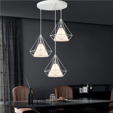 Retro Suspension Luminaire Industrielle en Métal Blanc Lustre Plafonnier en Forme Diamant Cage Style Vintage pour Salon (1/4)