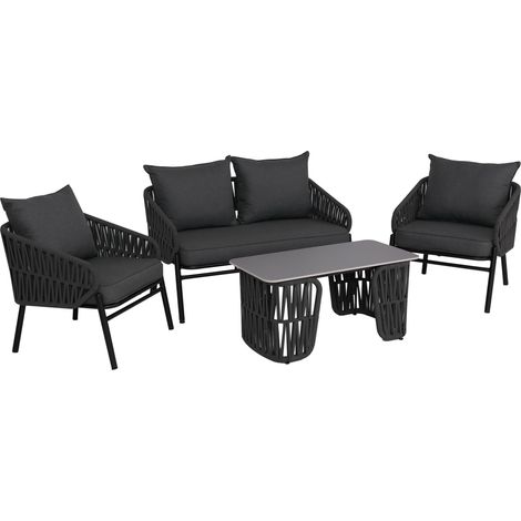 [JAMAIS UTILISÉ] Ensemble de jardin HHG-224, ensemble lounge canapé fauteuil table, tressage en corde Rope tissu/textile (180 g/m²), anthracite