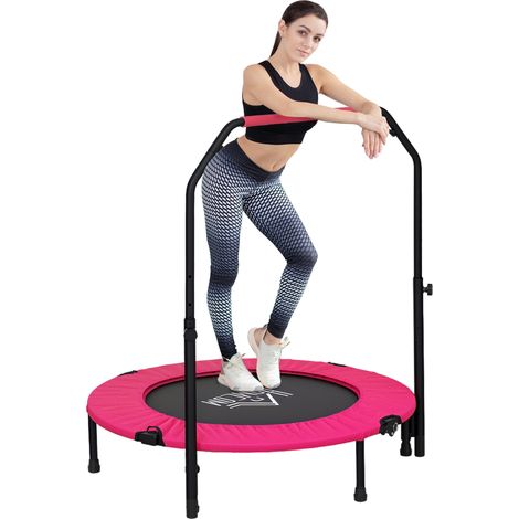 40 Inch Foldable Mini Fitness Trampoline with Adjustable Foam Handle in Pink for Home Workout and Cardio Exercise