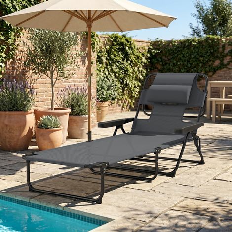 Klappbarer Gartenliegestuhl mit 4-fach verstellbarer Rückenlehne, Leseöffnung und Kopfstütze, 72 x 194 x 89 cm (L x B x H), Grau (1/5)