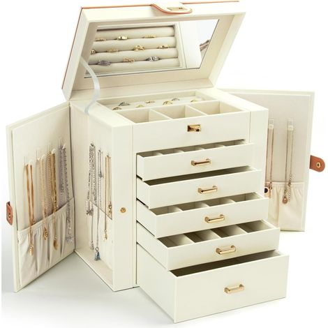 Boîte à bijoux pour femme, grande boîte de rangement à bijoux à 6 couches avec miroir et 5 tiroirs pour bagues, boucles d'oreilles, collie