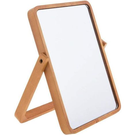 Miroir de Table en Bois Pliable Haute Définition Rectangulaire avec Support, Miroir de Maquillage de Bureau Autoportant pour Salle de Bain, Teinte Jaune, Format Compact (1/5)