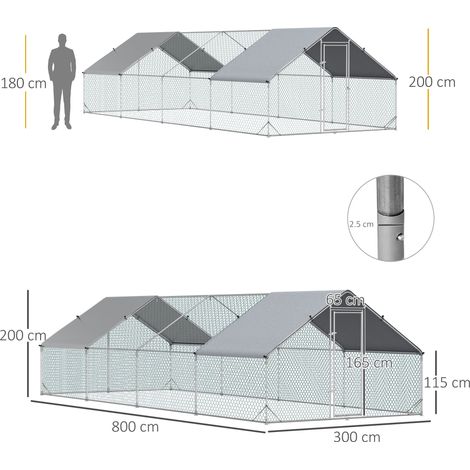 Poulailler de jardin avec structure galvanisée. bùche imperméable et grillage hexagonal. 3 x 8 x 2 m. argent (1/5)