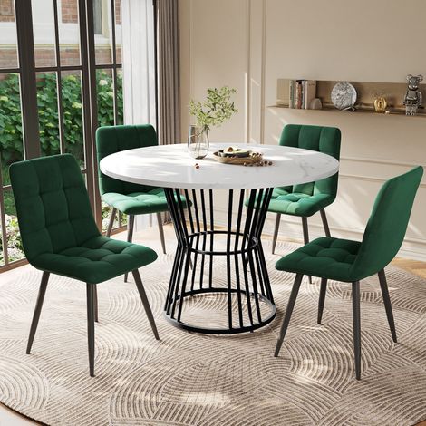 MEUBLIV Ensemble table à manger ronde 100 cm avec 4 chaises en velours vert (1/5)