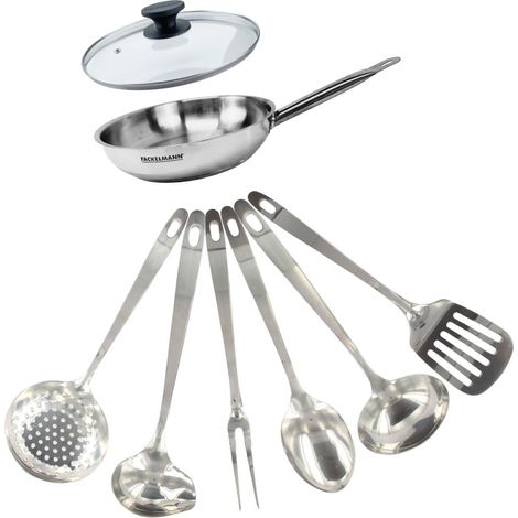 Set poêle 20 cm en inox, couvercle verre et 6 ustensiles inox Fackelmann Eterna (1/5)