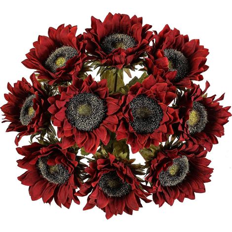 Lot de 10 tournesols artificiels à tige unique, style rustique, pour la décoration de votre maison, hôtel ou de votre chambre (rouge) (1/5)