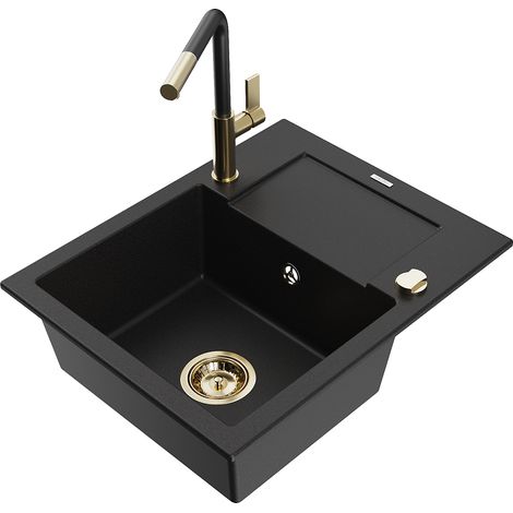 Mexen Enzo lavello in granito a 1 vasca con scolapiatti e miscelatore cucina Flora, nero - 6506-77-670401-57-G (1/5)