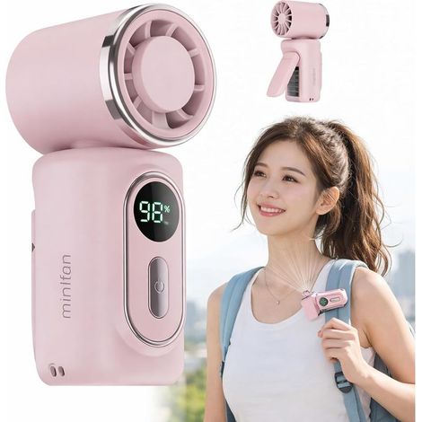Ventilateur portable à clip, mini ventilateur USB rechargeable avec 5 vitesses et affichage LED, idéal pour l’extérieur (rose) (1/5)