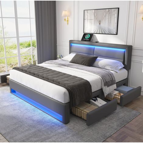 Cama tapizada moderna 140x200 cm en PU gris con cabecero, USB, carga inalámbrica, LED y 4 cajones (1/5)