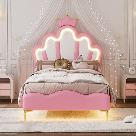 MEUBLIV Cama 90x200 cm rosa – cabecero coronado con LED y altura ajustable, sin colchón (1/5)