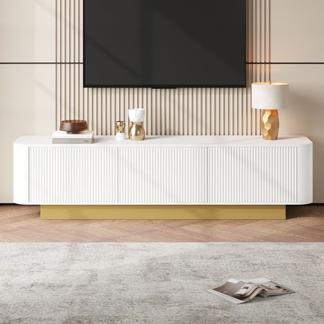 Meuble TV 170x40.5x47cm design arrondi, Buffet bas de salon avec rangement et passe-câbles, Console média moderne, Blanc (1/5)