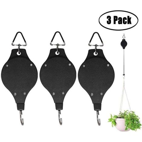 Paquete de 3 ganchos para plantas con polea, colgador de plantas retráctil de fácil acceso para cestas de flores colgantes, macetas y comederos para pájaros. Cuélgalo en alto y bájalo para regar o ali (1/3)