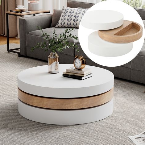 Table Basse Cylindrique 60x60x35 cm, Rond Plateau Rotatif à 360 degrés, Style Scandinave, Table de Salon 3 Niveaux avec Espace de Rangement - Blanc (1/5)