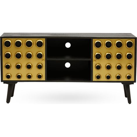 Interiors by Premier Mango Wood Media Unit, Mid-Century Modern TV Stand with Gold Accents, Black Frame with Storage Shelves (1/5)