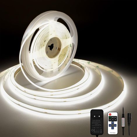 Ruban LED COB 4000K, 5M DC24V Bande LED Blanc Naturel avec Alimentation et télécommande, 480LEDs/M, CRI 93+, Largeur 8mm, Bandeau Lumineux pour la Décoration de la Chambre (1/5)