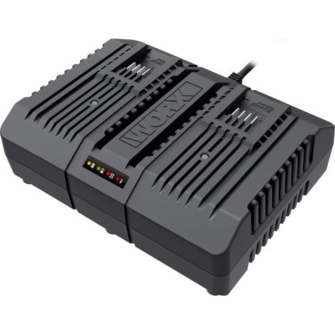 Cargador rápido doble Worx WA3883 para baterías PowerShare de 20 V: carga simultánea de herramientas eléctricas.