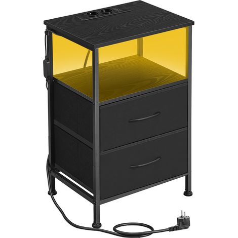 Table de Chevet avec Éclairage LED et Multiprise, 2 Tiroirs et 1 Compartiment Ouvert, Noir (1/5)