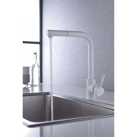 Mice - Grifo de cocina monomando con Ducha Extraíble, Grifo para Fregadero, Grifo de Cocina Monomando Color Blanco Mate GCE006/BL (1/3)