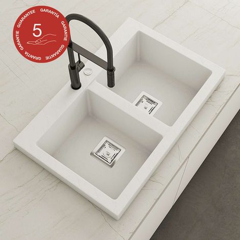 Evier à encastrer POALGI, KOBUS 816, Granit, Blanc Snow, 80 cm, 2 bacs (1/4)