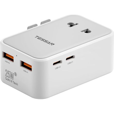 Adaptateur Prise Universelle PD 25W avec 2 USB C et 2 USB A Adaptateur Universel de Voyage, Prise Internationale de Voyage pour Anglaise USA Japon Australie Canada Mexique Chine France (1/5)