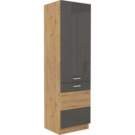 Küchen Hochschrank 60 cm Eiche Artisan + Grau Hochglanz Küchenzeile Küchenblock